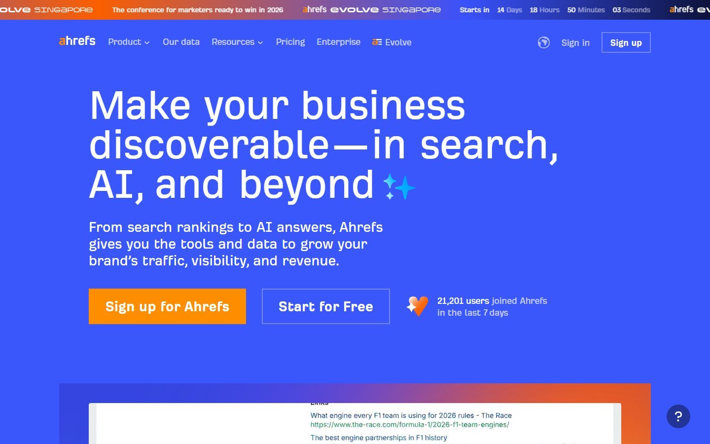 Ahrefs homepage hero showing the message 'Make your business discoverable in search, AI, and beyond.'