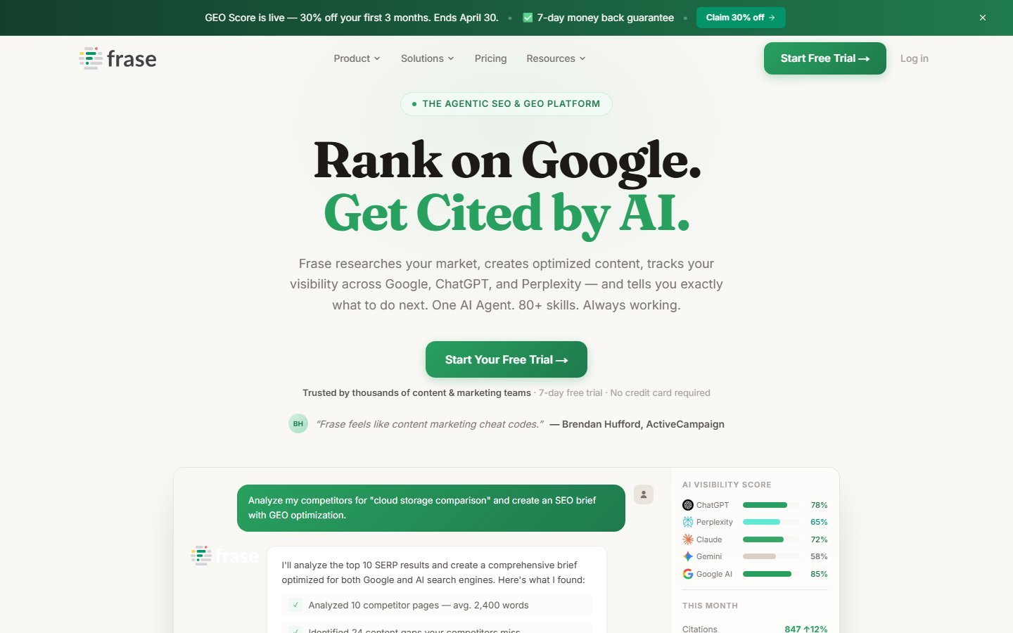 Frase homepage showing the AI-powered SEO content brief and optimization workflow.